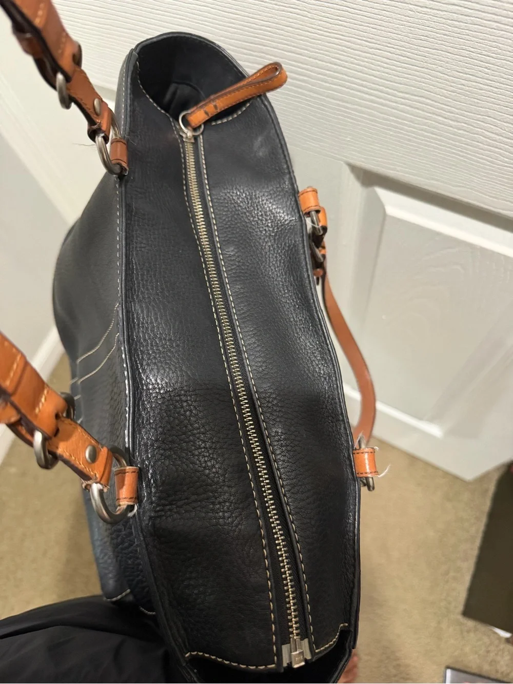 Classic Black Leather Tote with Tan Handles